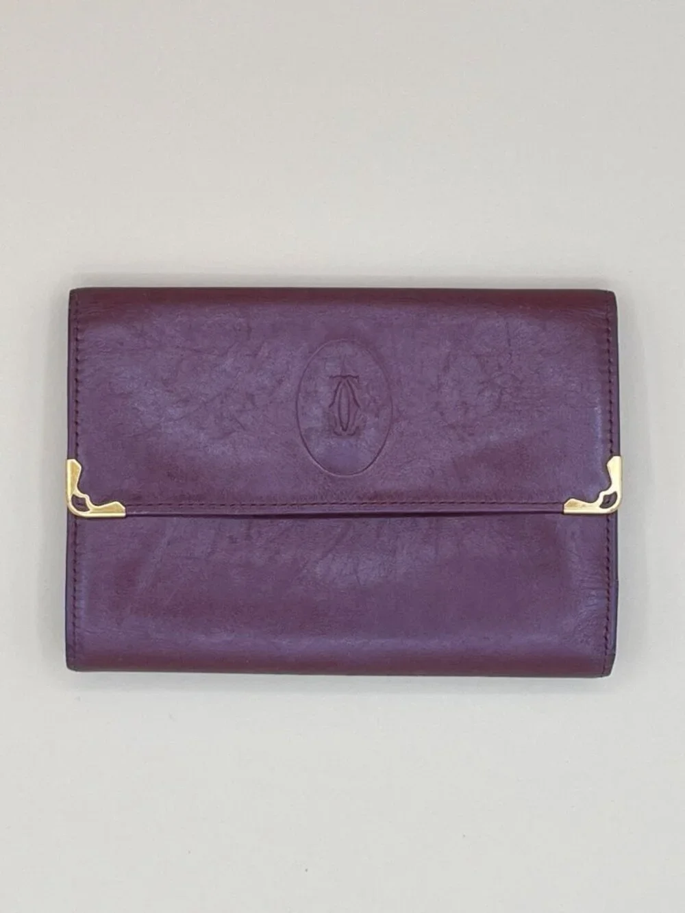 Cartier Paris Vintage Bordeaux Leather Long Trifold Wallet Gold Corners Kisslock
